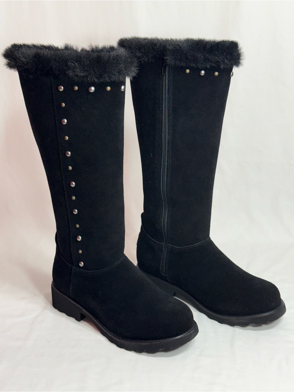 BearPaw Black Faux-Fur Trim Knee-high Boots Size 10